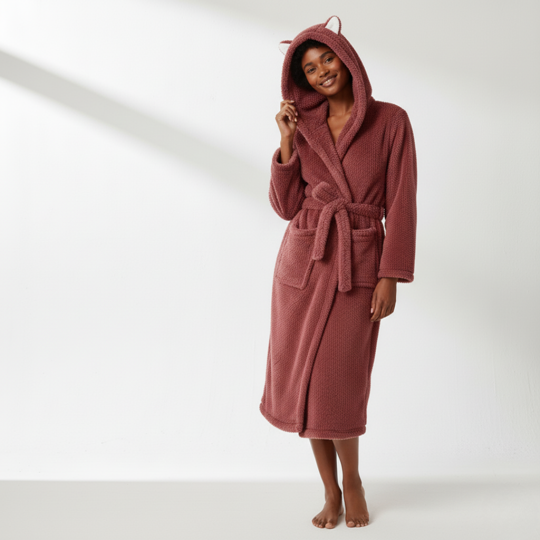 Women’s Hooded Jacquard Bathrobe Long Plush Spa Robe with Animal Ears