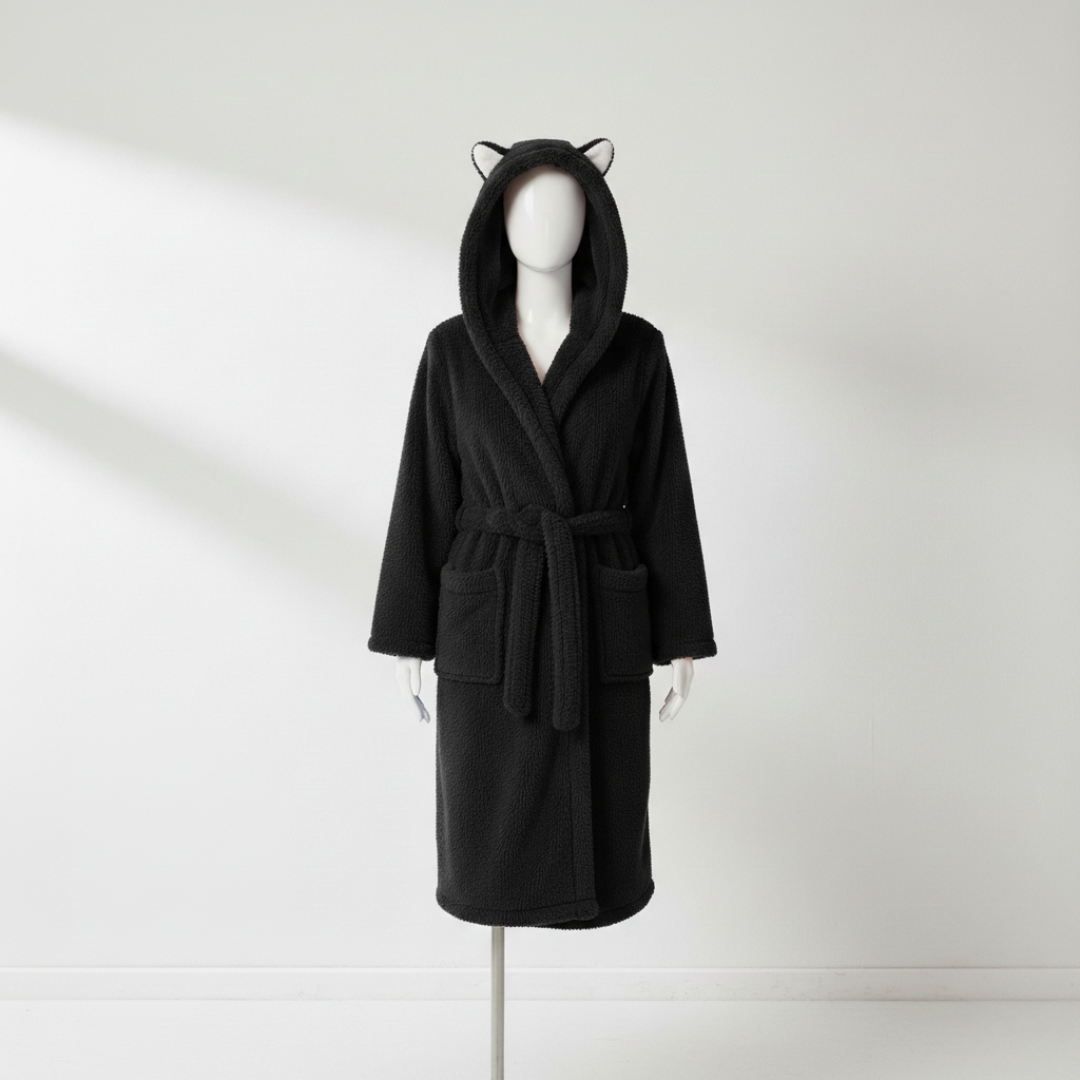 Women’s Hooded Jacquard Bathrobe Long Plush Spa Robe with Animal Ears