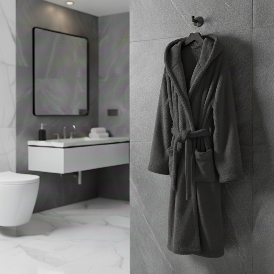 charcoal grey plush robe with shawl collar