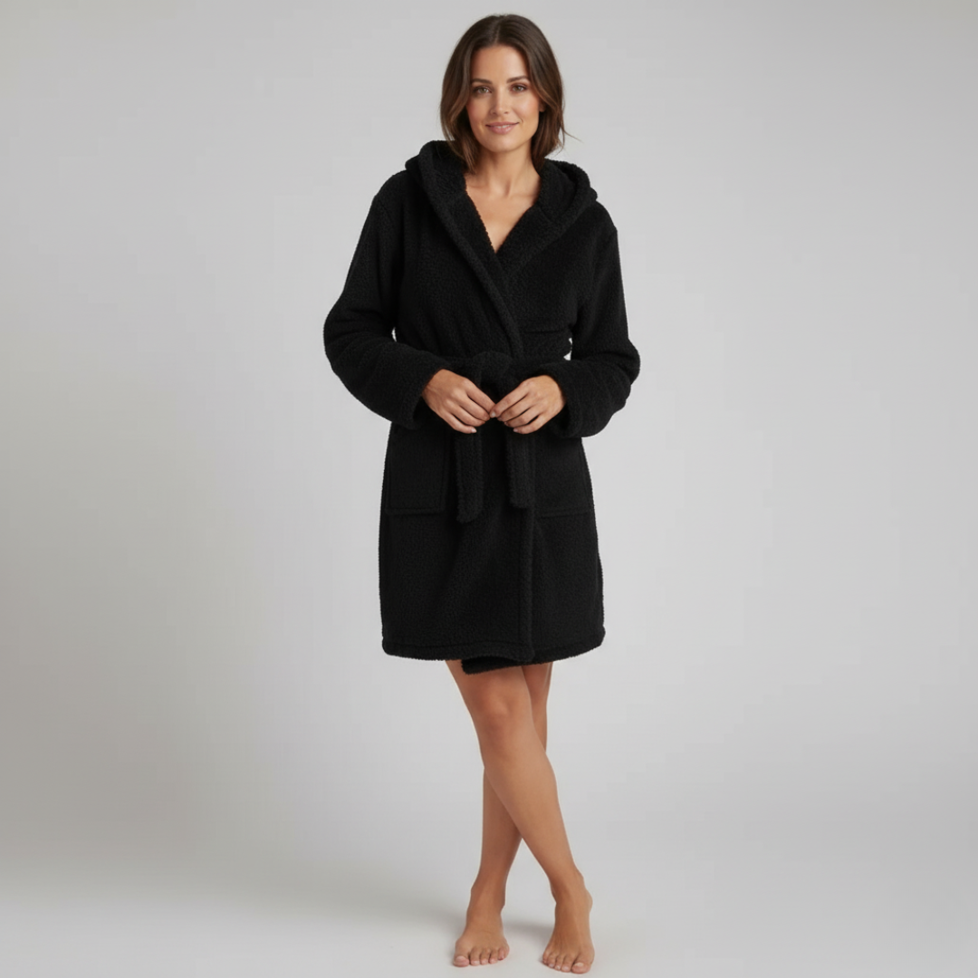 black hooded plush robe worn by woman