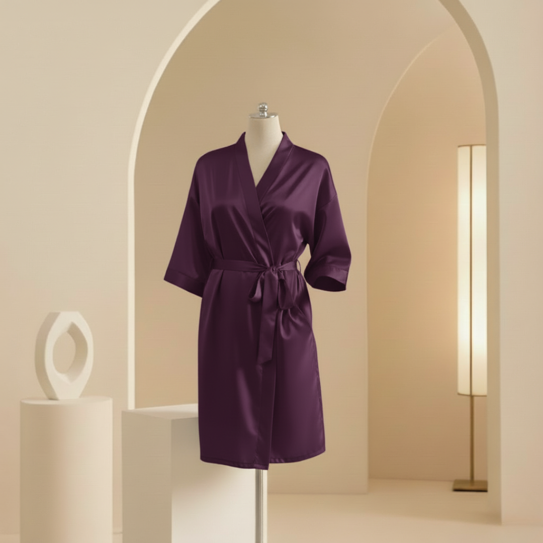 Women’s Satin Kimono Robe Knee Length Soft Silk Sleepwear
