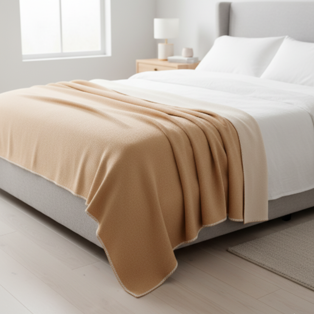 YLVA Minimalist Ochre Throw Blanket - Reversible Cotton-Wool Blend - Smooth Solid Color Scandi Accent