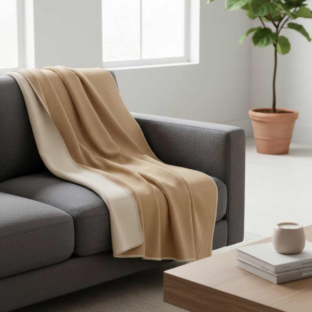 YLVA Minimalist Ochre Throw Blanket - Reversible Cotton-Wool Blend - Smooth Solid Color Scandi Accent