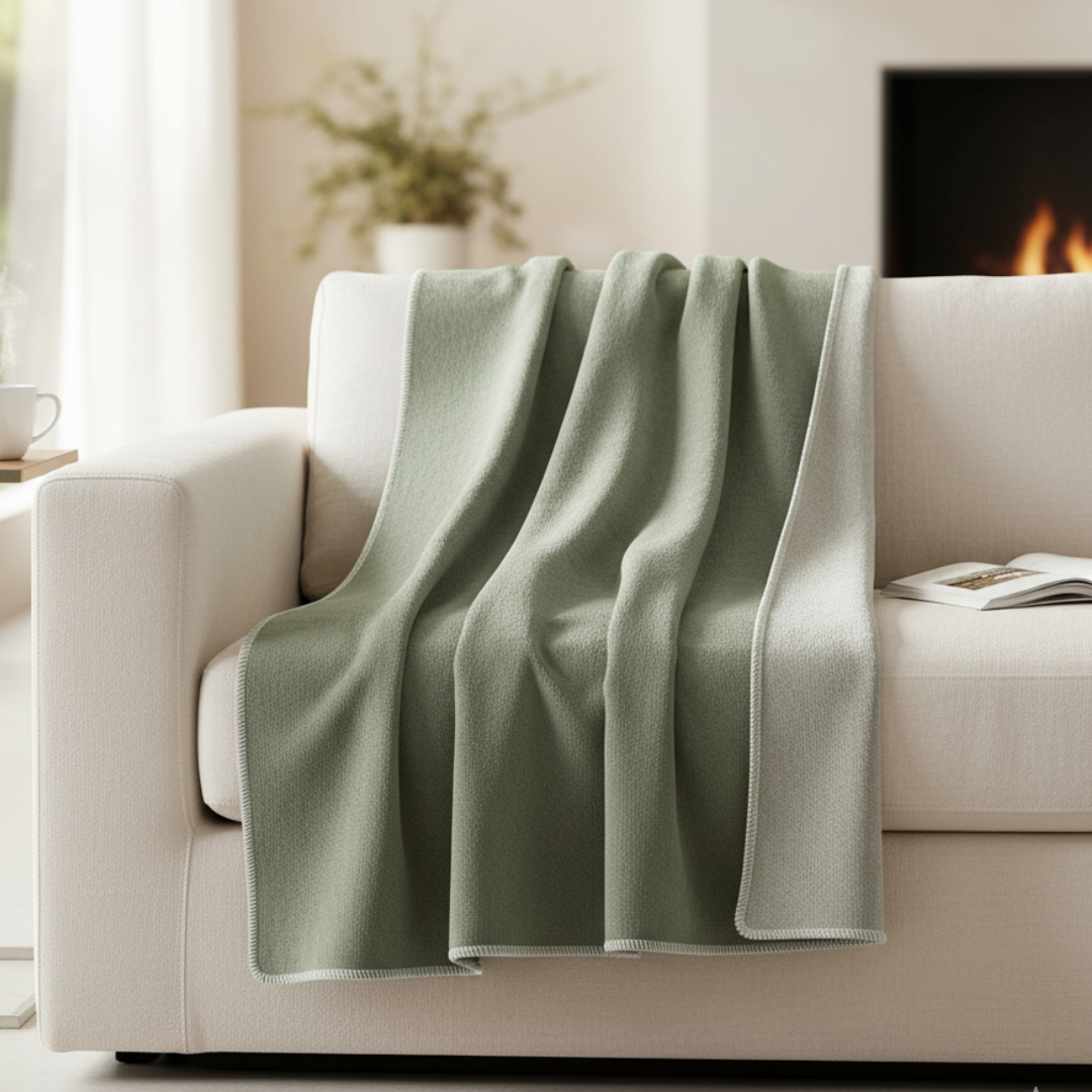YLVA Reversible Cotton-Wool Blanket – 90x180cm Forest Pine Green Solid Woven Throw