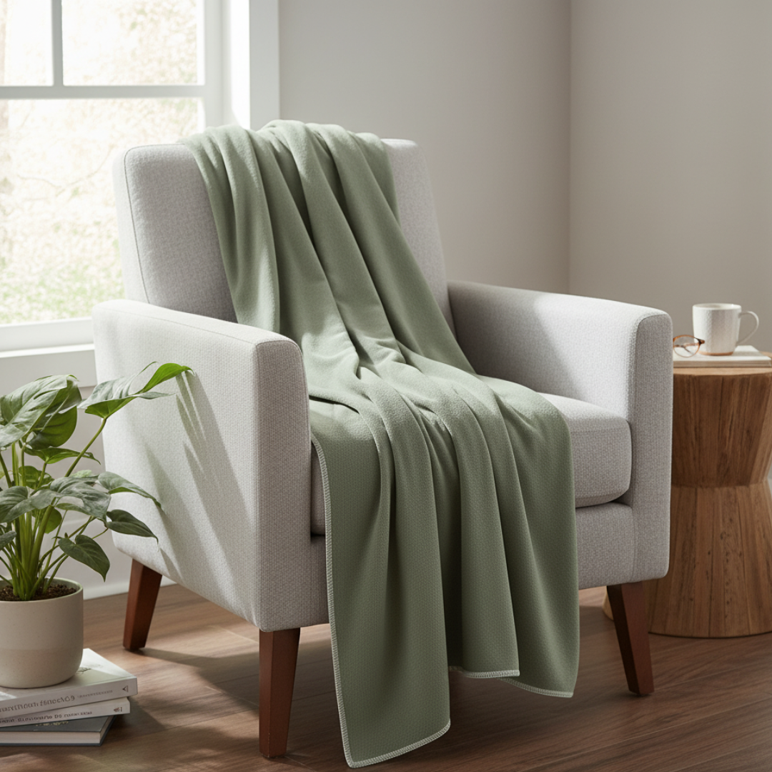 YLVA Reversible Cotton-Wool Blanket – 90x180cm Forest Pine Green Solid Woven Throw