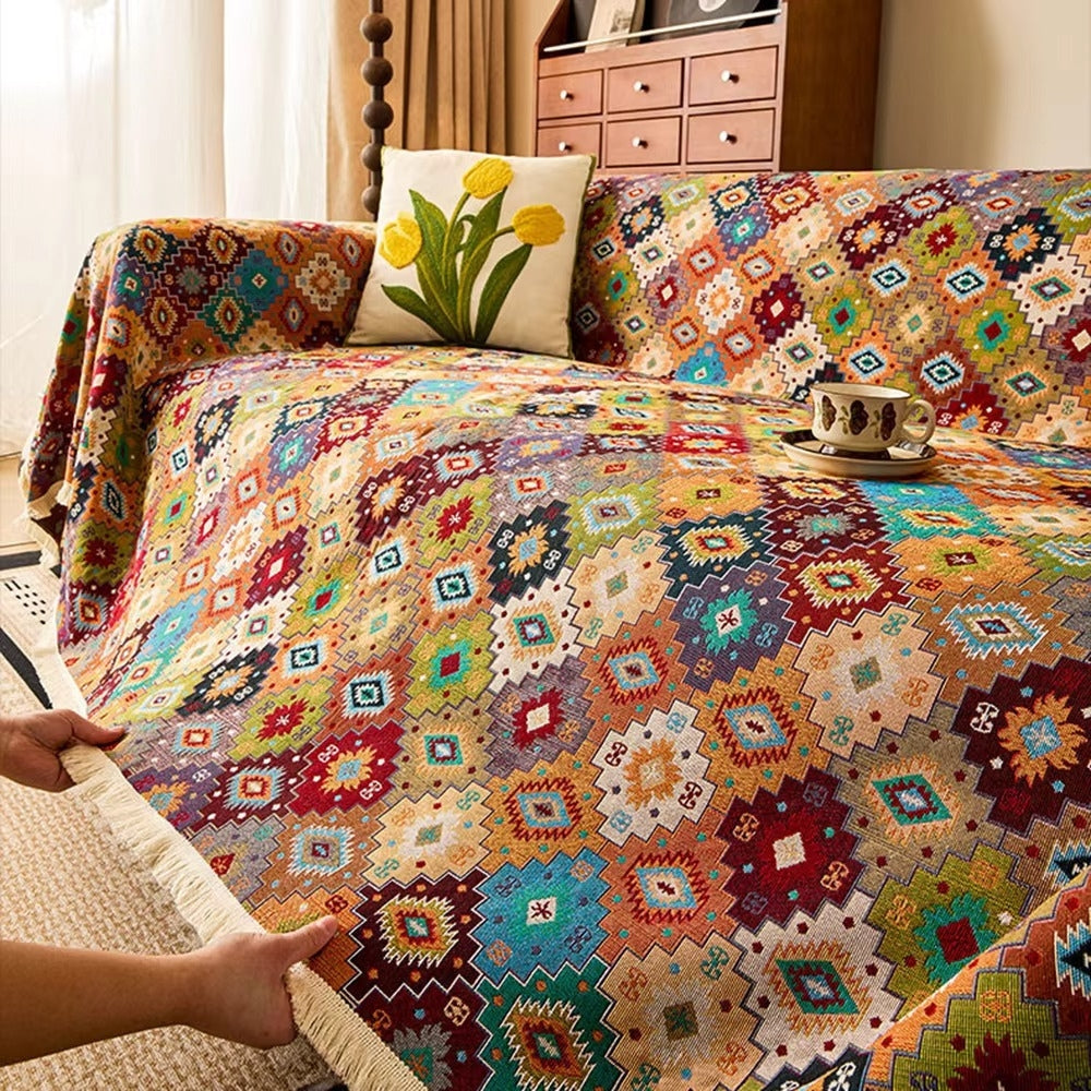 Zahara Geometric Sofa Cover – Tassel Edge Tribal Kilim Microfiber