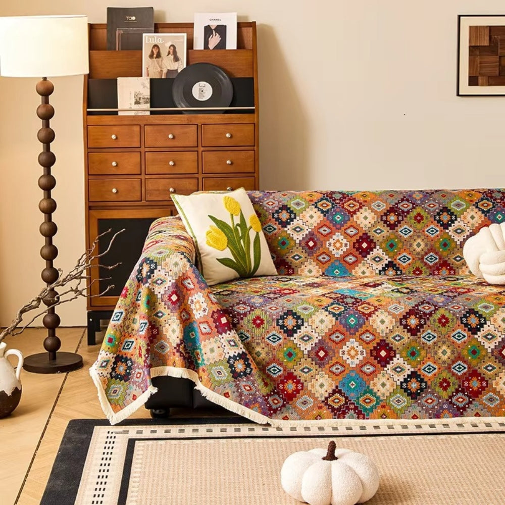 Zahara Geometric Sofa Cover – Tassel Edge Tribal Kilim Microfiber