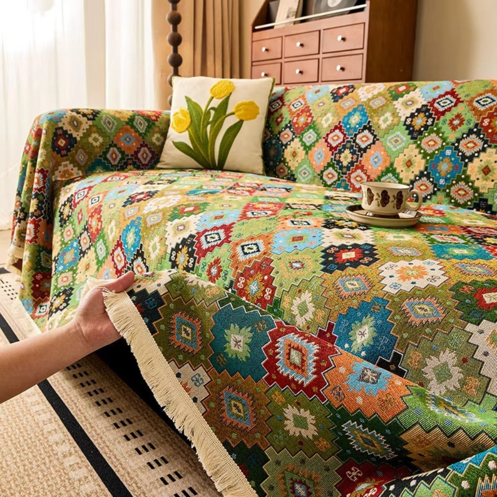 Zahara Geometric Sofa Cover – Tassel Edge Tribal Kilim Microfiber
