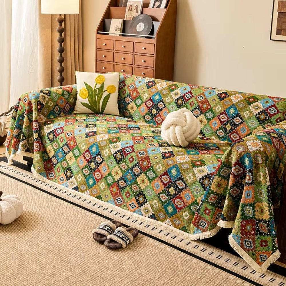 Zahara Geometric Sofa Cover – Tassel Edge Tribal Kilim Microfiber
