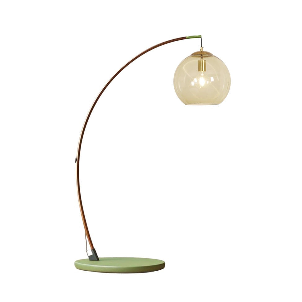 Maintained House Amber Globe Arc Floor Lamp - Sage green base, walnut-brown arm and amber glass globe