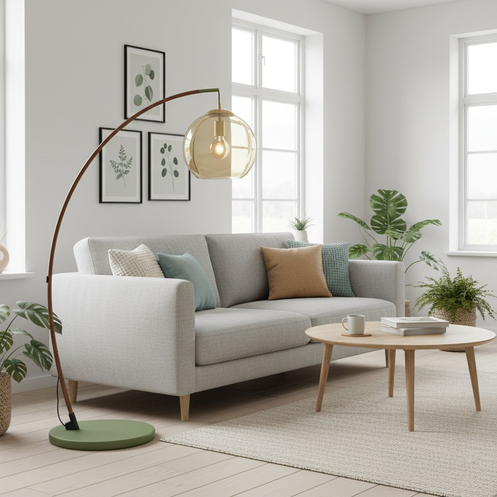 Maintained House Amber Globe Arc Floor Lamp - In a bright living room