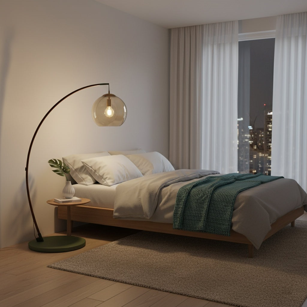 Maintained House Amber Globe Arc Floor Lamp - Lit in a bedroom