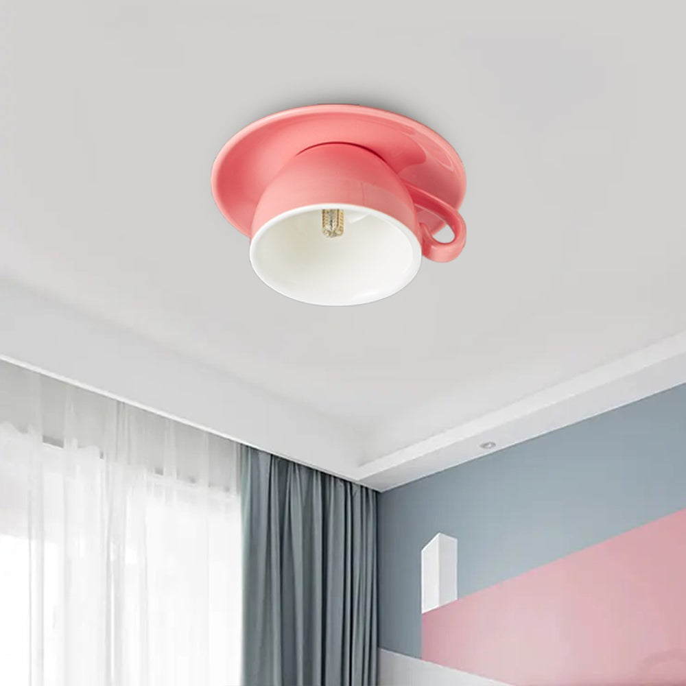 Maintained House Ceramic Teacup Ceiling Light - Pink on a bedroom ceiling