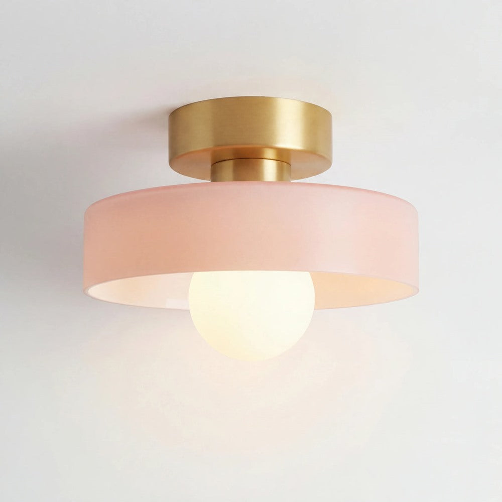 Maintained House Colored Glass Disc Ceiling Light - Pink glass disc with gold canopy