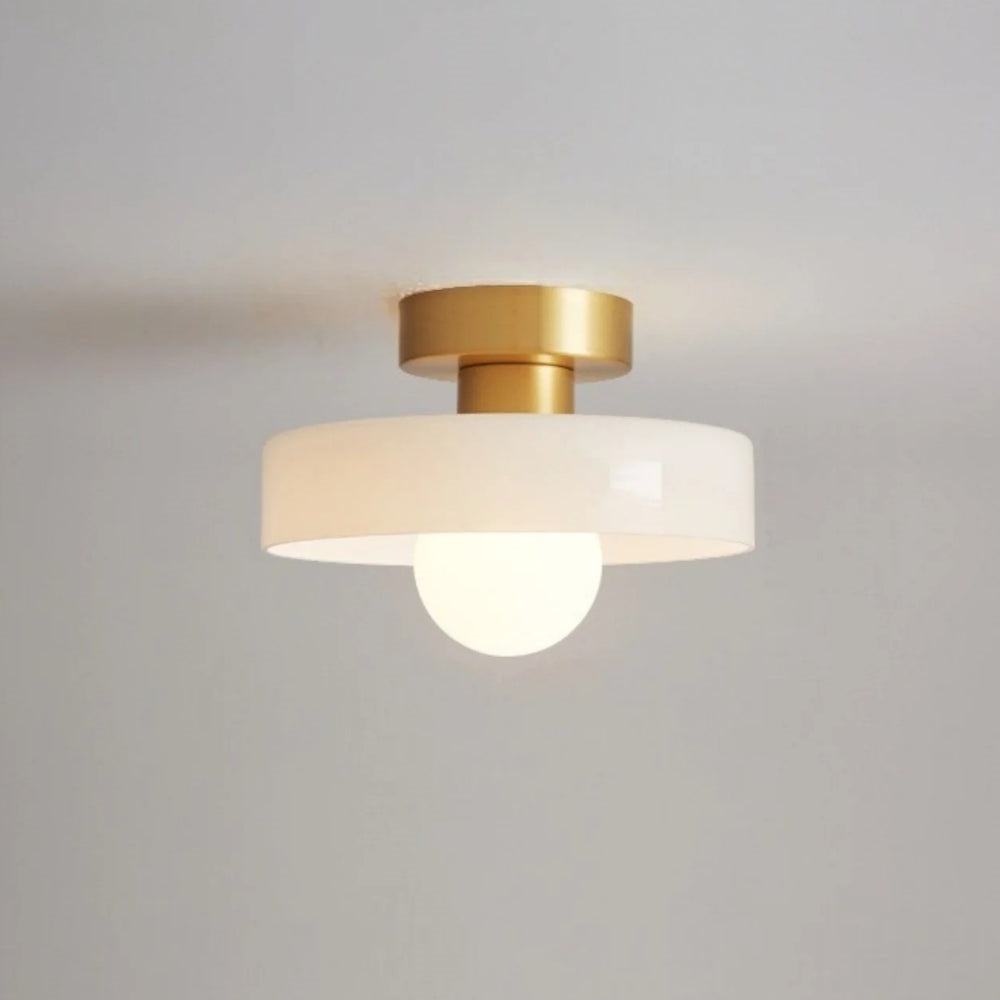 Maintained House Colored Glass Disc Ceiling Light - Milk white glass with gold canopy