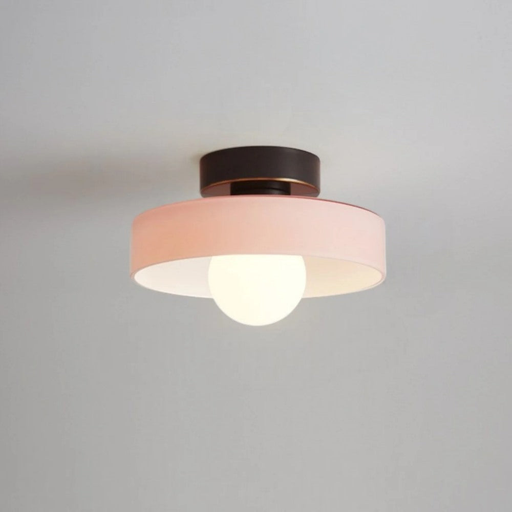 Maintained House Colored Glass Disc Ceiling Light - Pink glass with black canopy