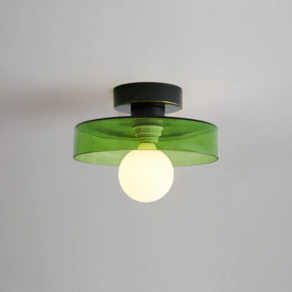 Maintained House Colored Glass Disc Ceiling Light - Green glass with black canopy