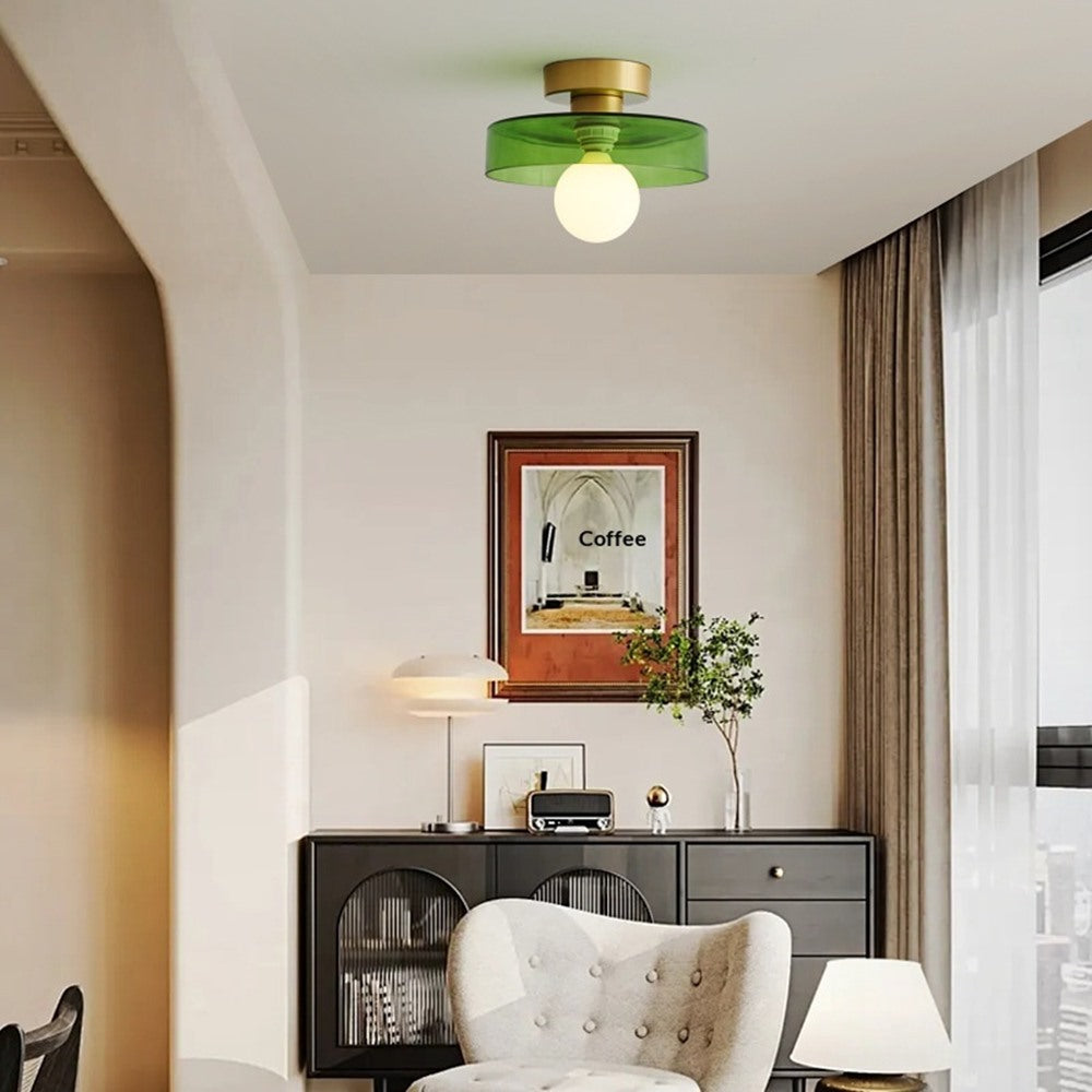 Maintained House Colored Glass Disc Ceiling Light - Green light in a living room