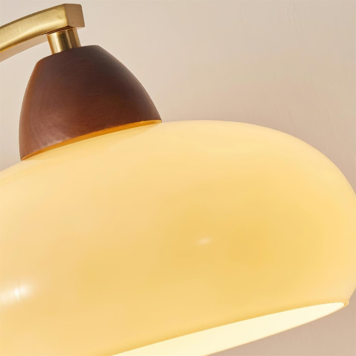 Maintained House Curved Brass Arm Table Lamp - Glass shade close-up