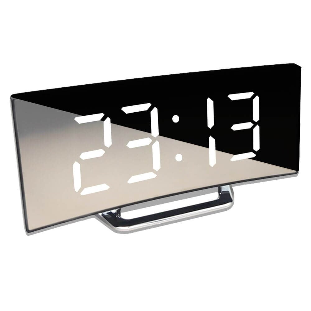 Maintained House Curved Mirror LED Alarm Clock - White display, front view