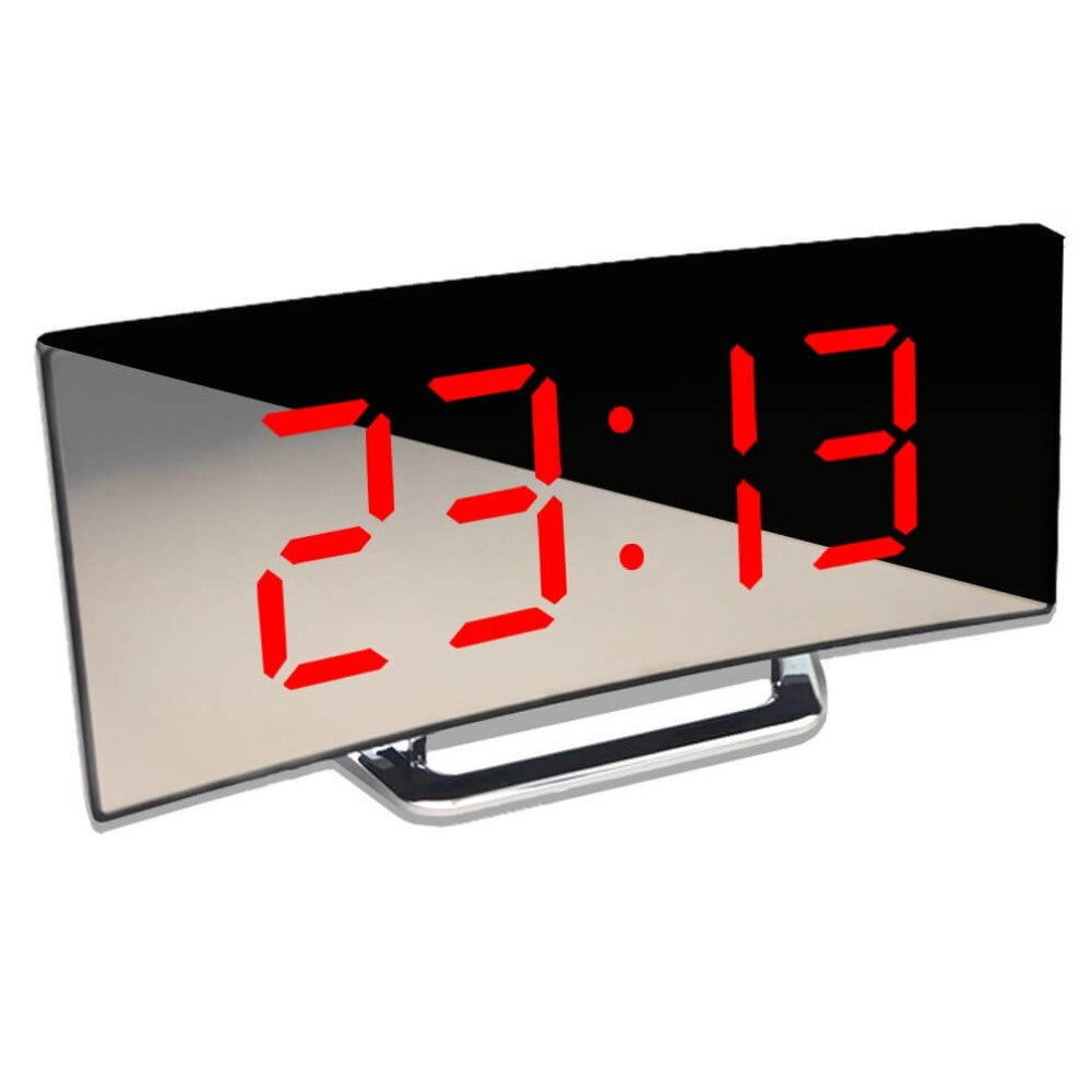 Maintained House Curved Mirror LED Alarm Clock - Red display, front view
