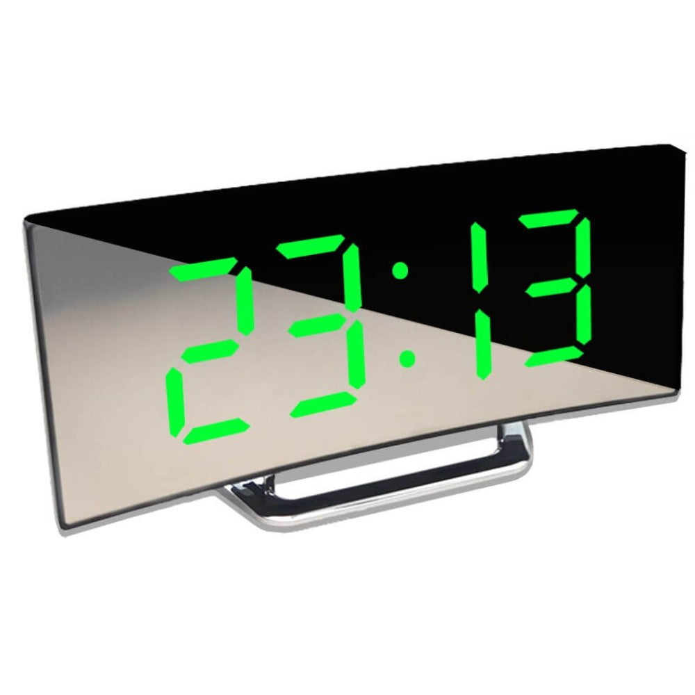 Maintained House Curved Mirror LED Alarm Clock - Green display, front view