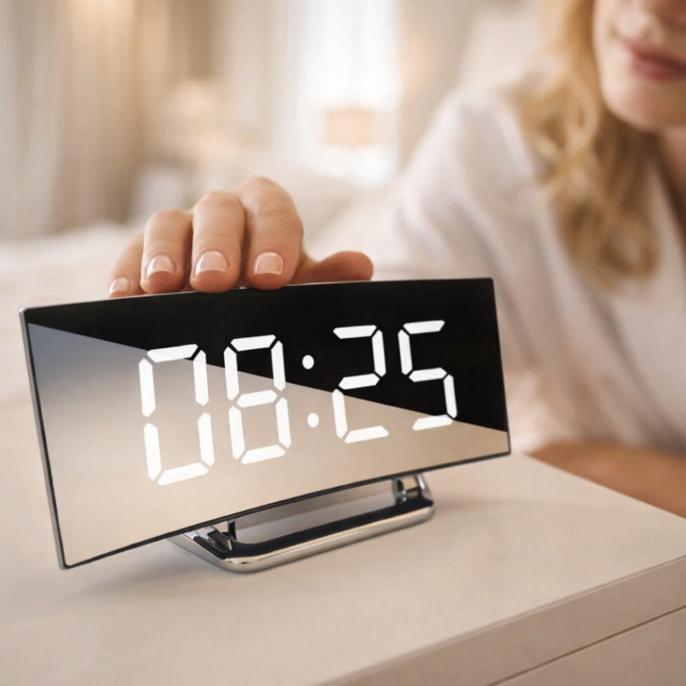 Maintained House Curved Mirror LED Alarm Clock - Pressing the top buttons