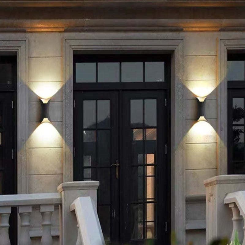 Maintained House Curved Up-Down Outdoor Wall Light - Black pair by a front door