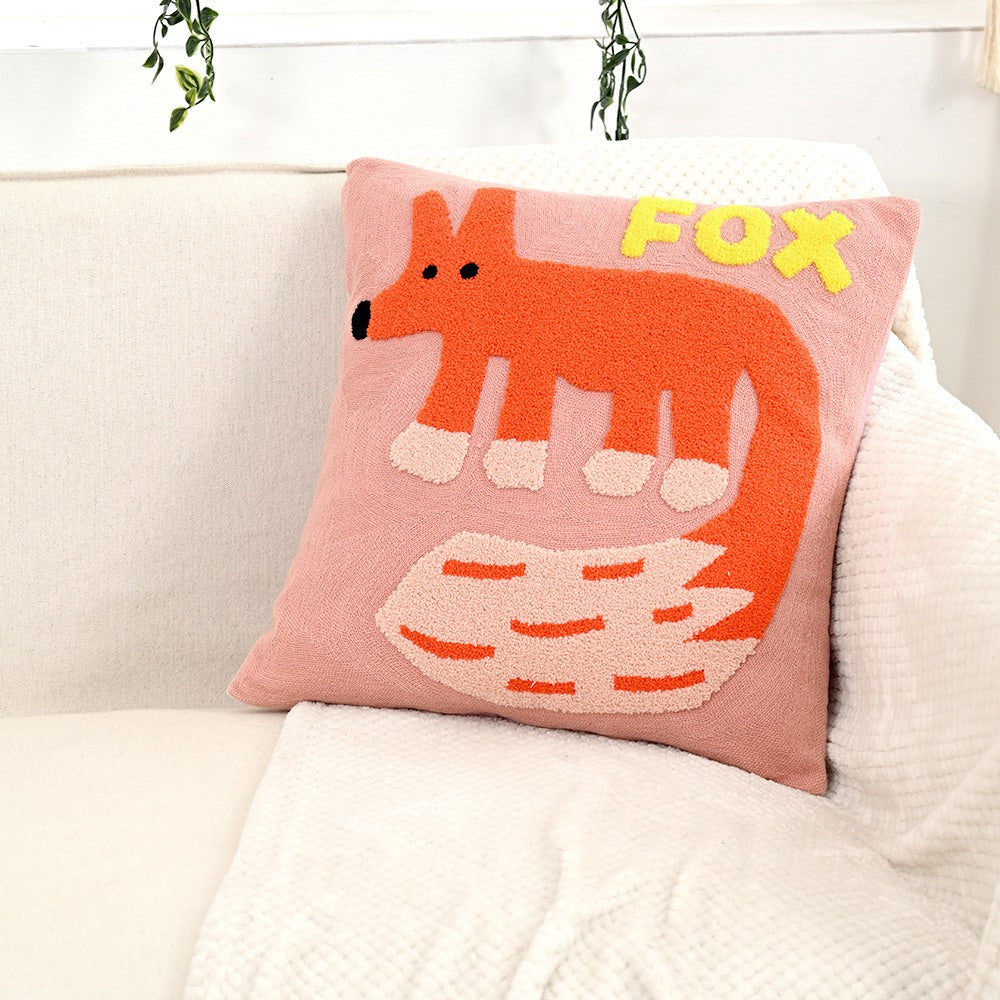 Maintained House Embroidered Animal Pillow Cover - Fox on a sofa