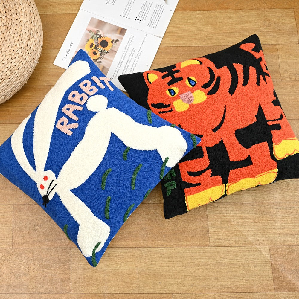 Maintained House Embroidered Animal Pillow Cover - Rabbit and Tiger on the floor
