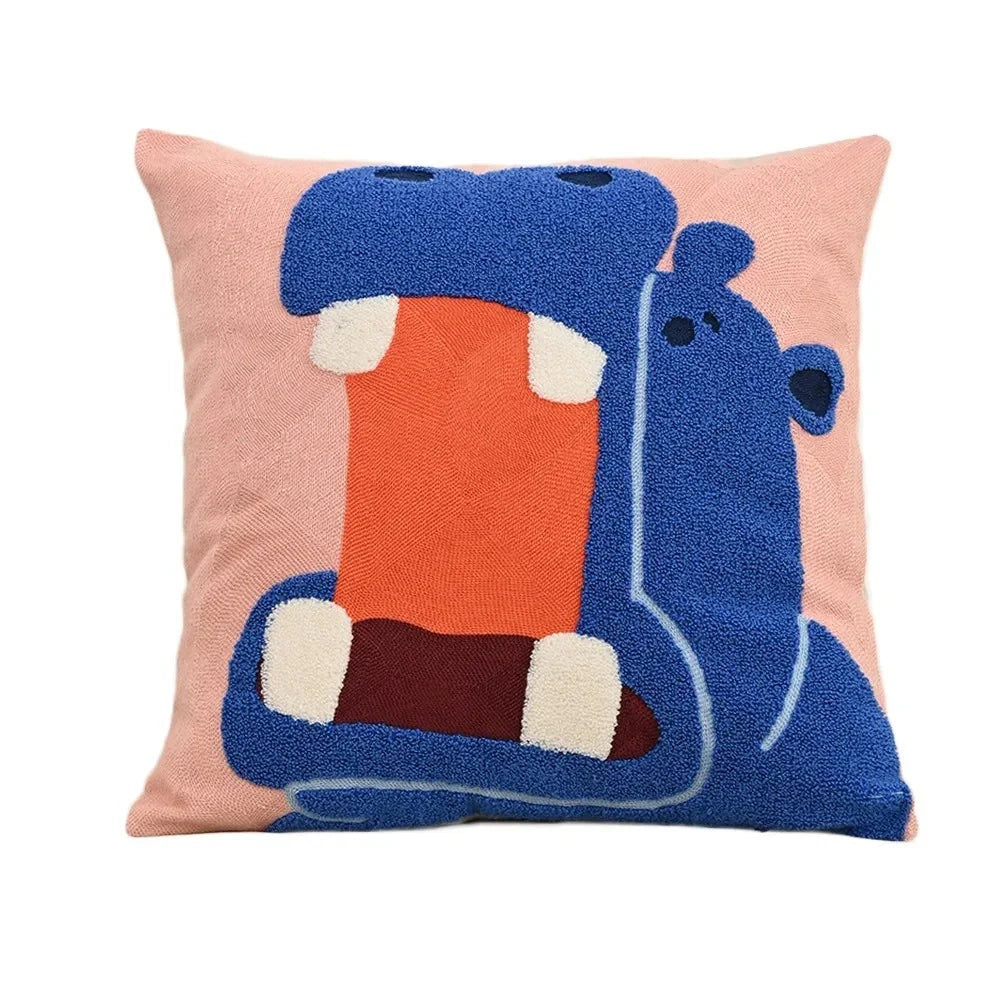 Maintained House Embroidered Animal Pillow Cover - Hippo
