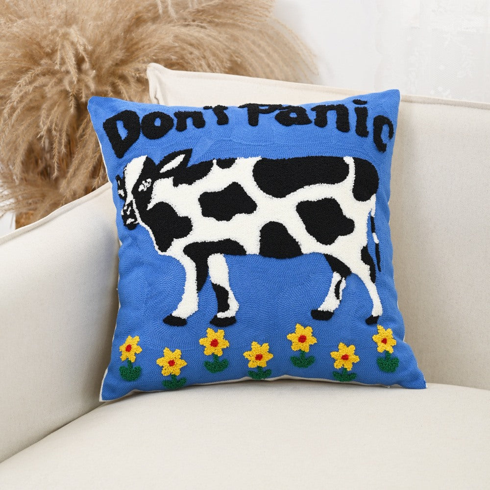 Maintained House Embroidered Animal Pillow Cover - Cow