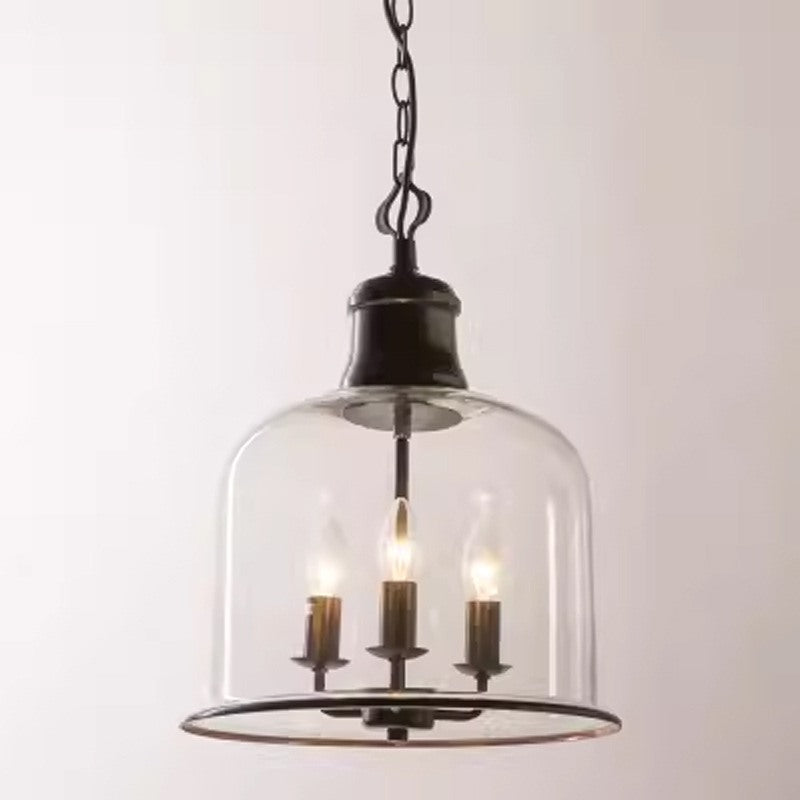 Maintained House Glass Bell Lantern Pendant Light - Black, lit