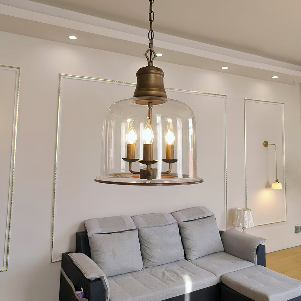 Maintained House Glass Bell Lantern Pendant Light - In a living room
