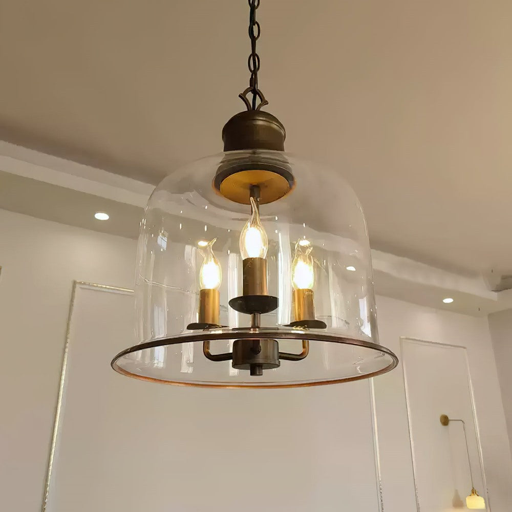 Maintained House Glass Bell Lantern Pendant Light - Lit in a white room