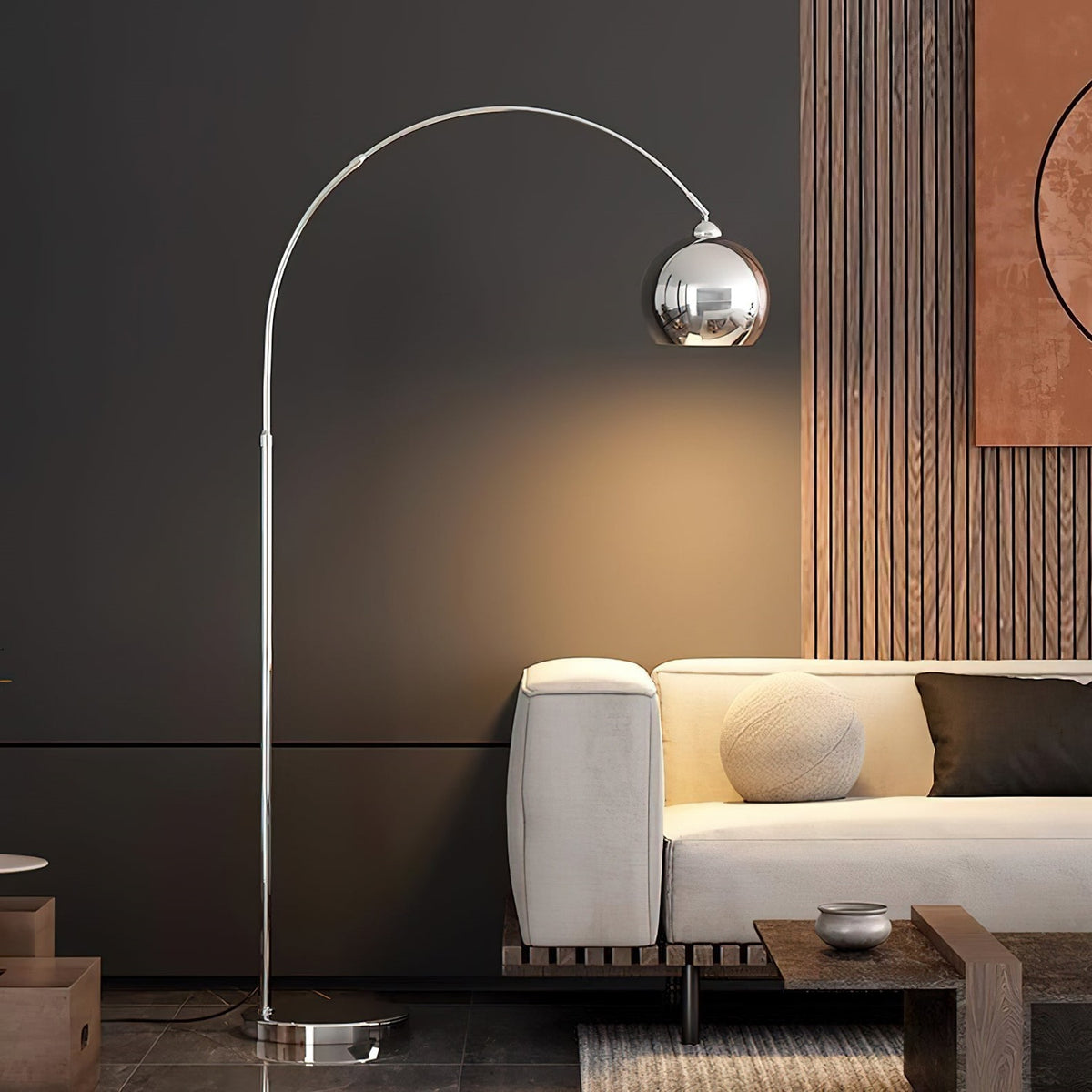 Maintained House Globe Arc Floor Lamp - In a dark living room