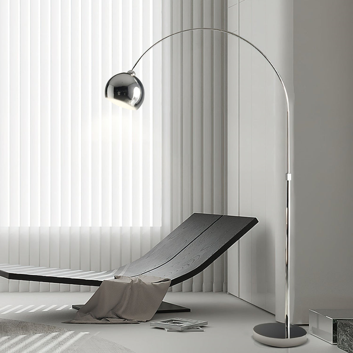 Maintained House Globe Arc Floor Lamp - By a chaise lounge
