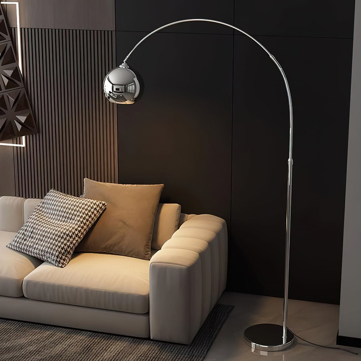 Maintained House Globe Arc Floor Lamp - Beside an armchair