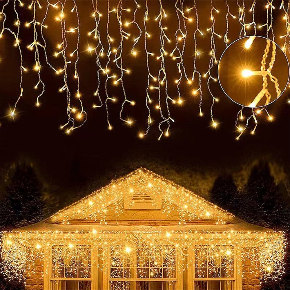 Maintained House LED Icicle Curtain Lights - Warm White icicles along a roofline