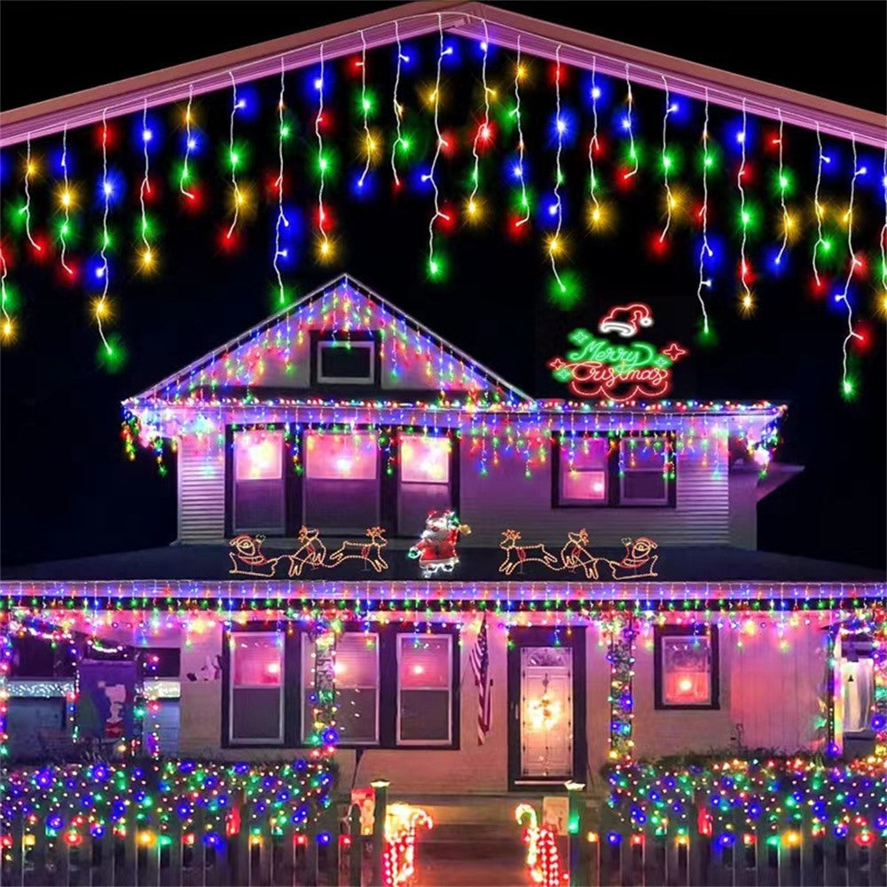 Maintained House LED Icicle Curtain Lights - Multicolor icicles on a house