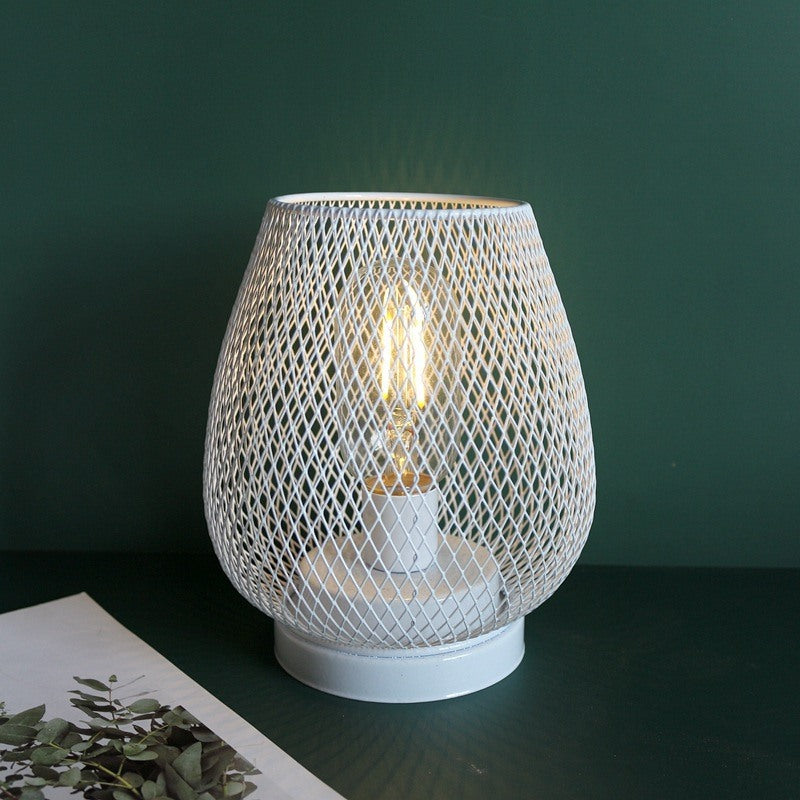 Maintained House Mesh Cage Cordless Table Lamp - White lamp lit on a table