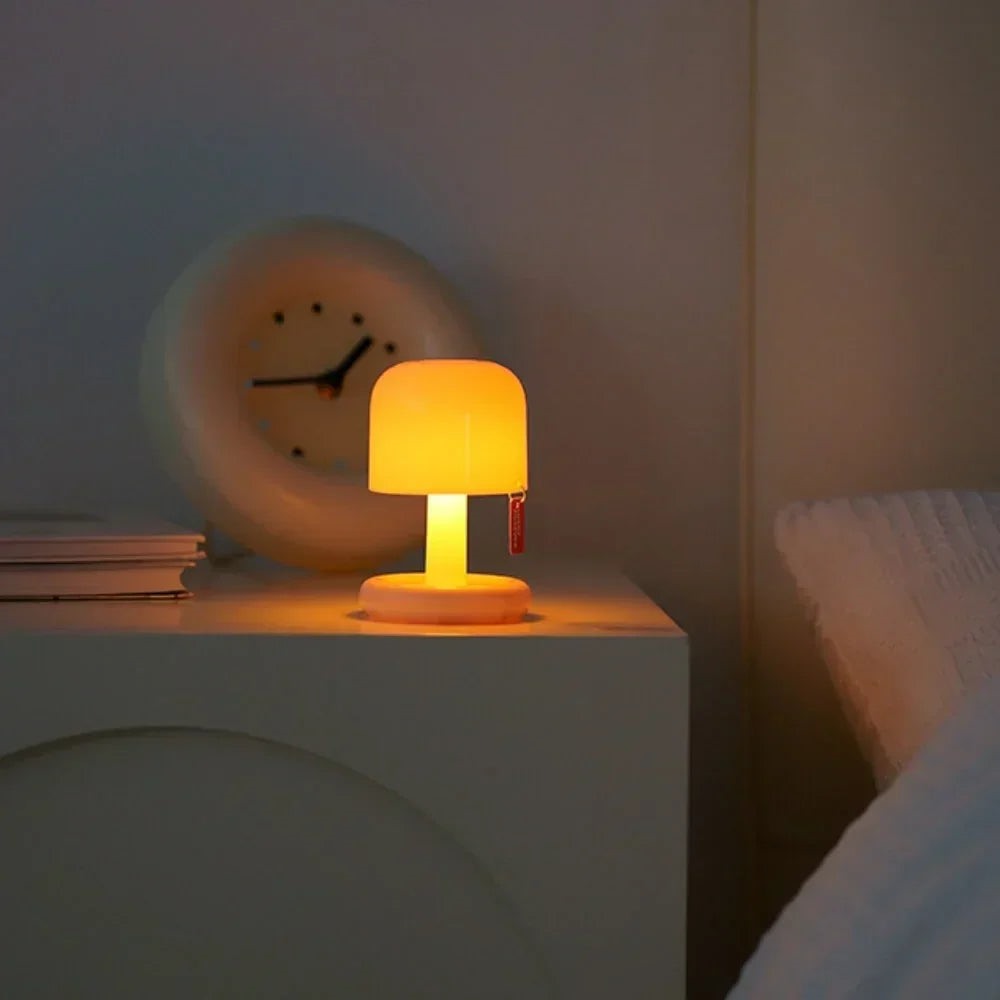Maintained House Mini Sunset Mushroom Lamp - On a bedside table