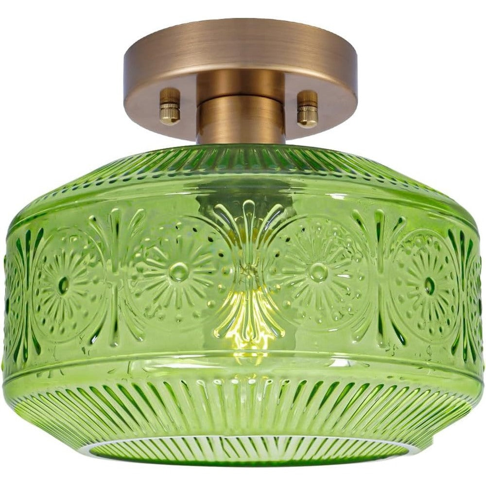 Maintained House Pressed Glass Semi-Flush Ceiling Light - Sunburst green glass with antique brass canopy