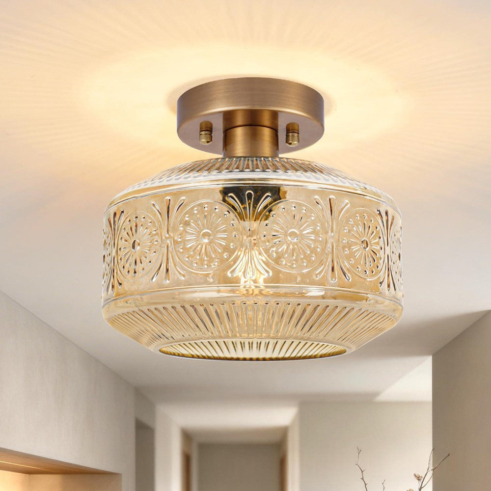 Maintained House Pressed Glass Semi-Flush Ceiling Light - Sunburst amber glass with antique brass canopy, lit