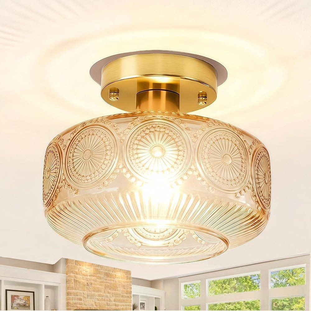Maintained House Pressed Glass Semi-Flush Ceiling Light - Medallion amber glass with gold canopy