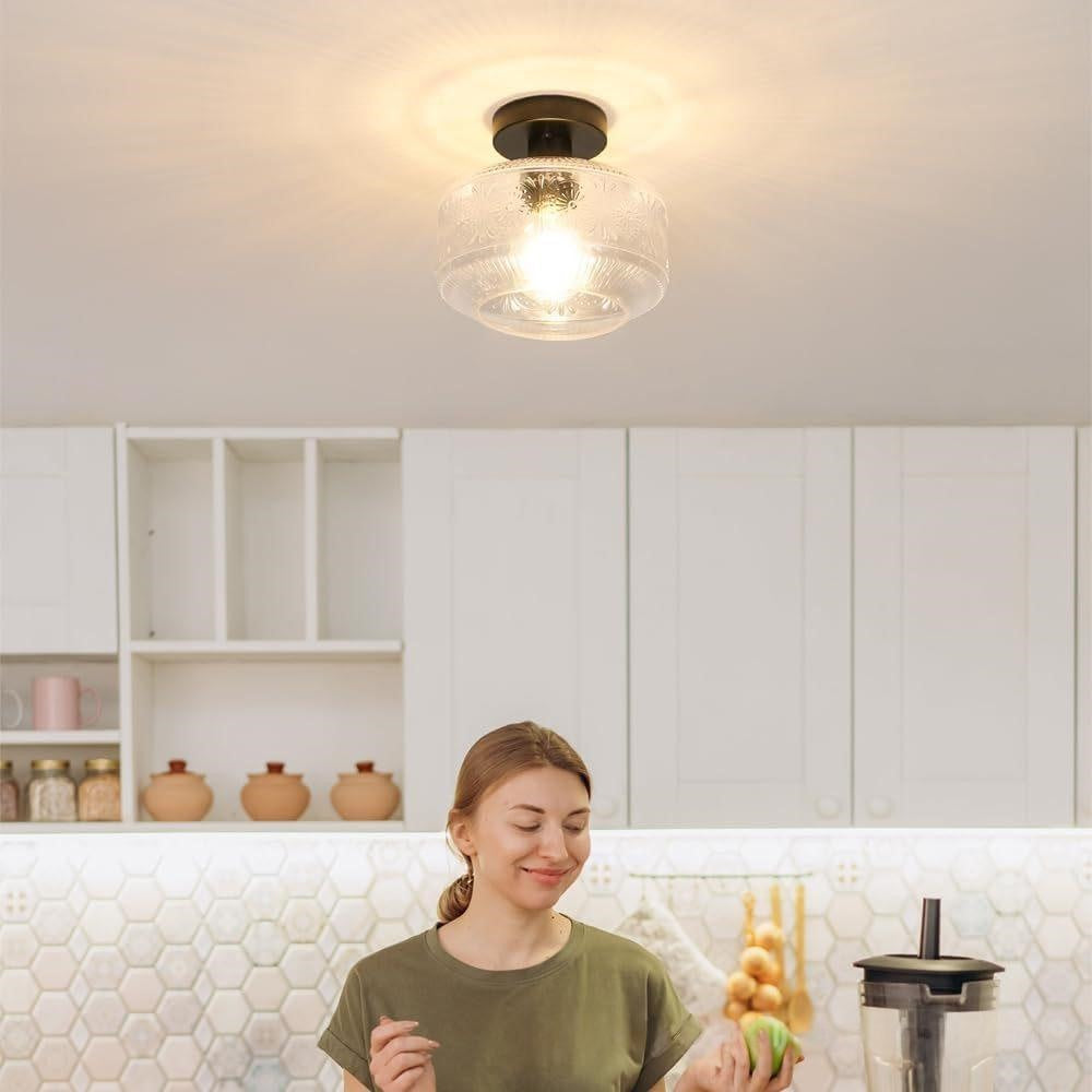 Maintained House Pressed Glass Semi-Flush Ceiling Light - Clear glass light in a bright kitchen