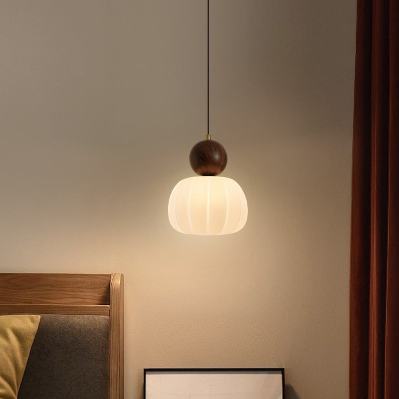 Maintained House Pumpkin Pendant Light - Single Pendant, Walnut, beside a bed