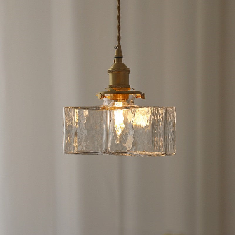 Maintained House Rippled Glass Pendant Light - Wide Rectangle, lit
