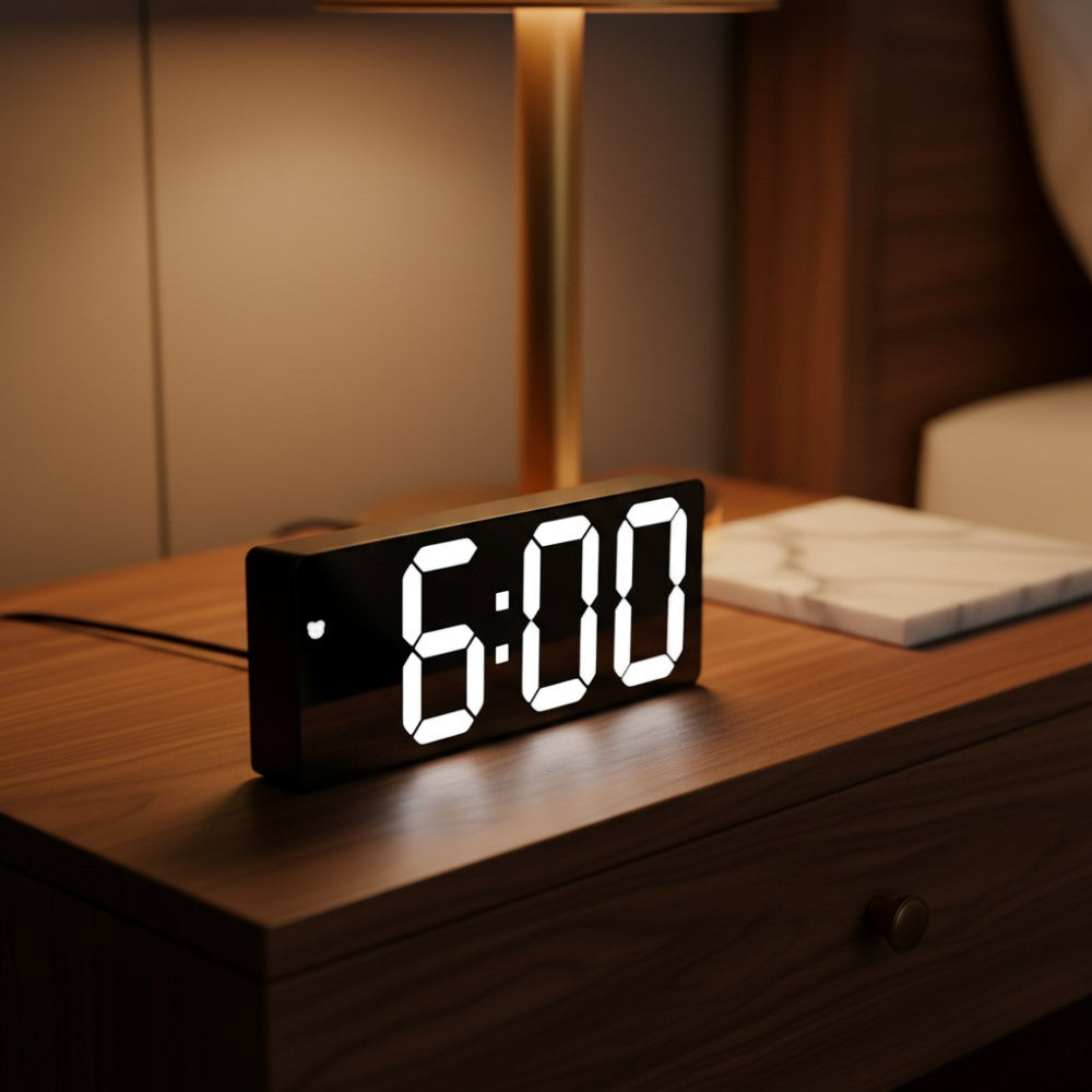Maintained House Slim LED Temperature Alarm Clock - Black on a nightstand