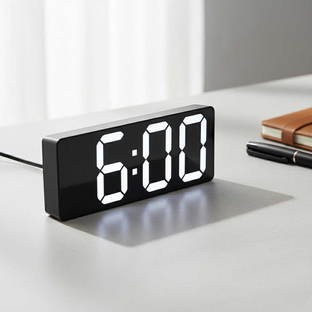 Maintained House Slim LED Temperature Alarm Clock - Black on a desk